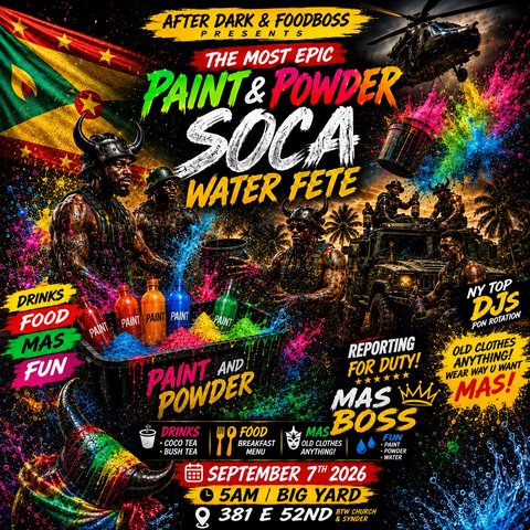 Event poster for Paint and Powder Soca Water Fete