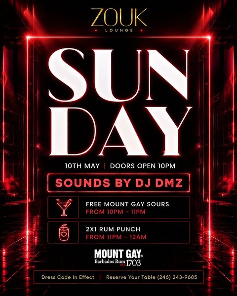 Event poster for Sunday at Zouk Lounge