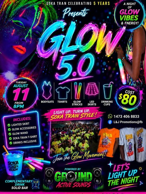 Event poster for Soka Train Presents Glow 5.0