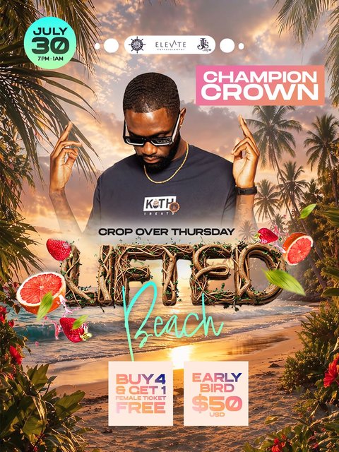 Event poster for Champion Crown Live at Lifted Beach