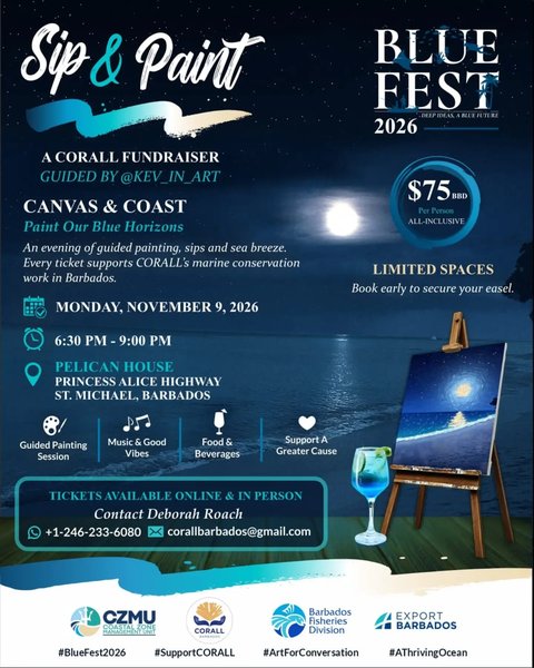 Event poster for BlueFest 2026 Sip & Paint – Coral Fundraiser