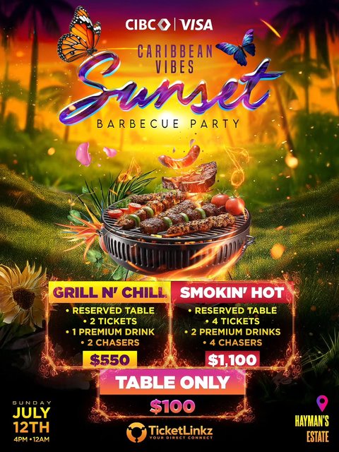 Event poster for CIBC Caribbean Vibes Sunset BBQ Party
