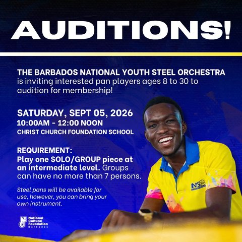 Event poster for Barbados National Youth Steel Orchestra Auditions
