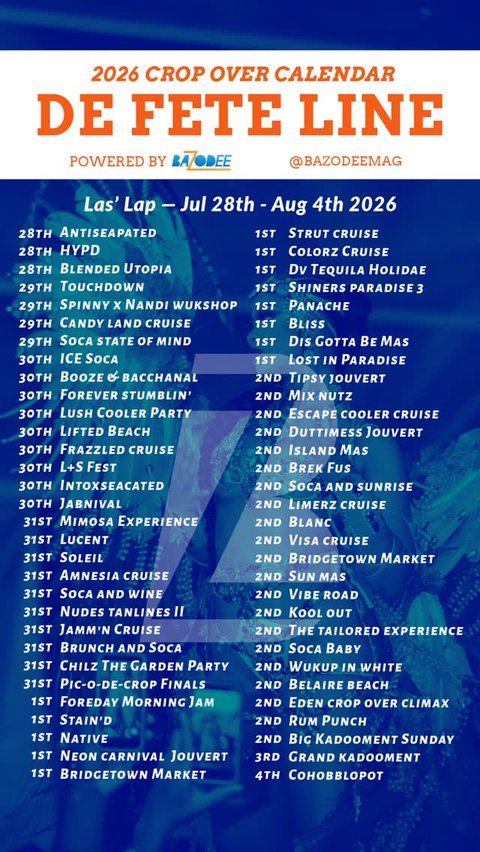 Event poster for 2026 Crop Over Calendar - De Fete Line