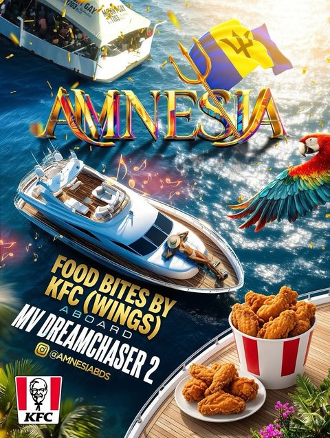 Event poster for AMNESIA x KFC Crop Over Cruise Experience