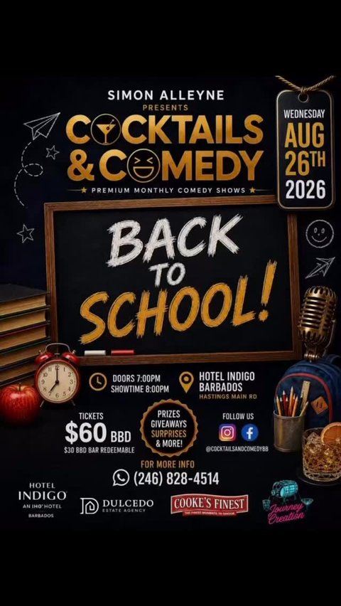 Event poster for Cocktails & Comedy - Back to School