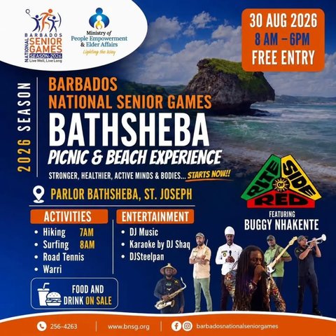 Event poster for Barbados National Senior Games 2026 Picnic & Beach Experience