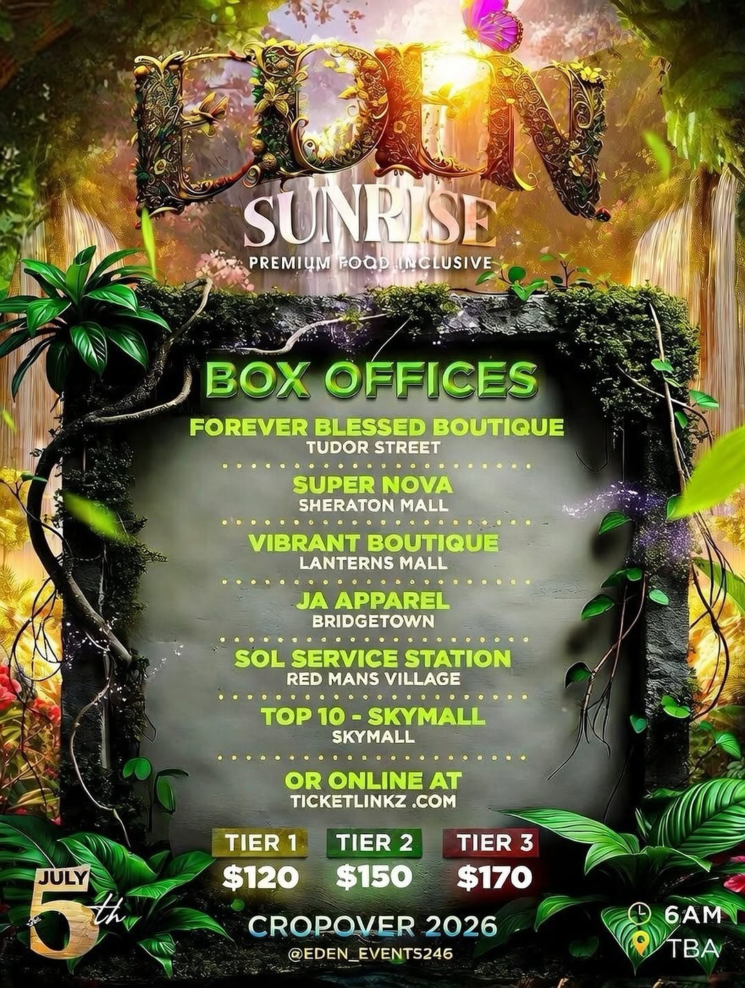 Event poster for Eden Sunrise (Crop Over 2026 Sunrise Fete)