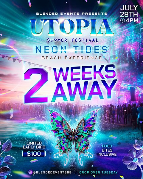 Event poster for Utopia Summer Festival: Neon Tides Beach Experience