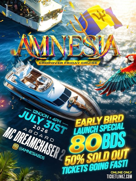 Event poster for Amnesia Crop Over Friday Cruise