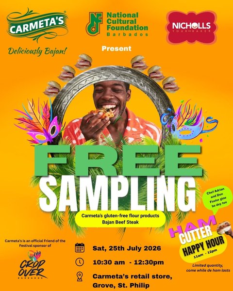 Event poster for Carmeta's Free Sampling & Happy Hour