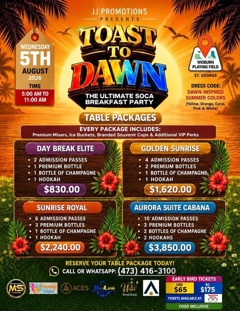 Event poster for Toast To Dawn: Ultimate Soca Breakfast Party