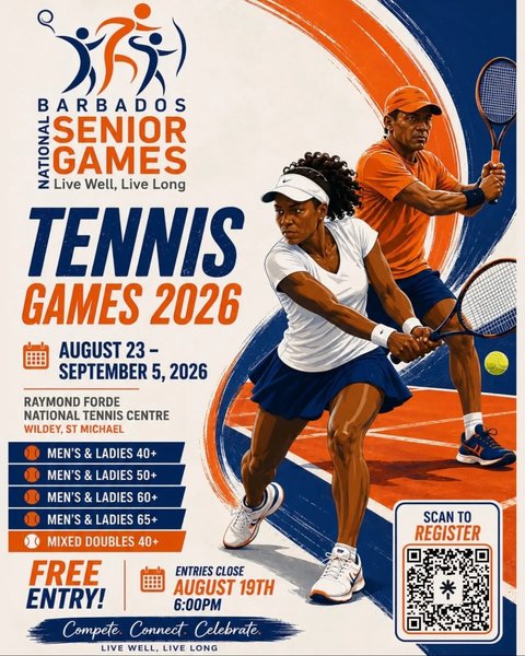 Event poster for Barbados National Senior Games Tennis 2026