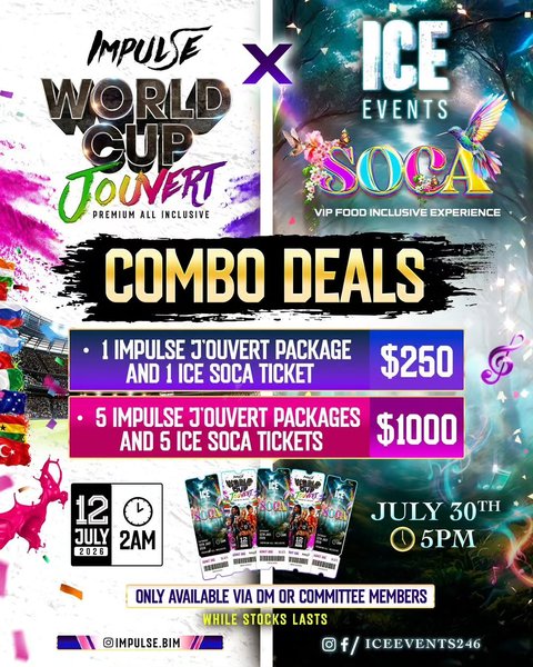 Event poster for IMPULSE World Cup J’ouvert & ICE Soca Combo Deals